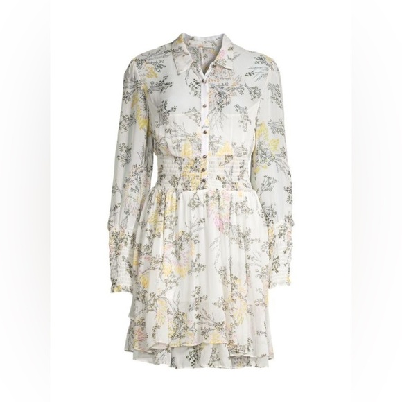Free People White Sheer Floral Puff Long Sleeve Collared Button Up Flowy Dress - Picture 3 of 15